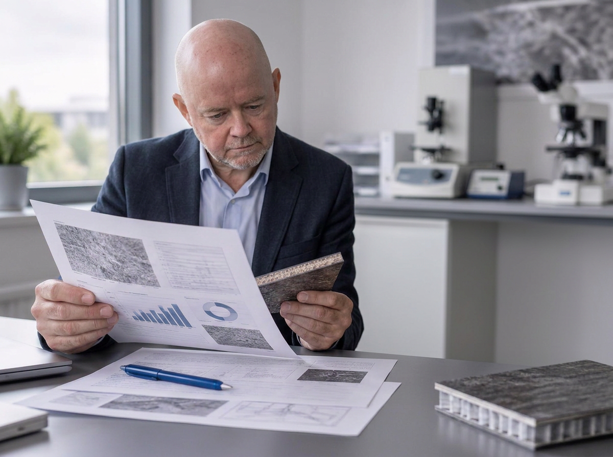 Illustrative Prüfung eines Werkstoffmusters und technischer Unterlagen